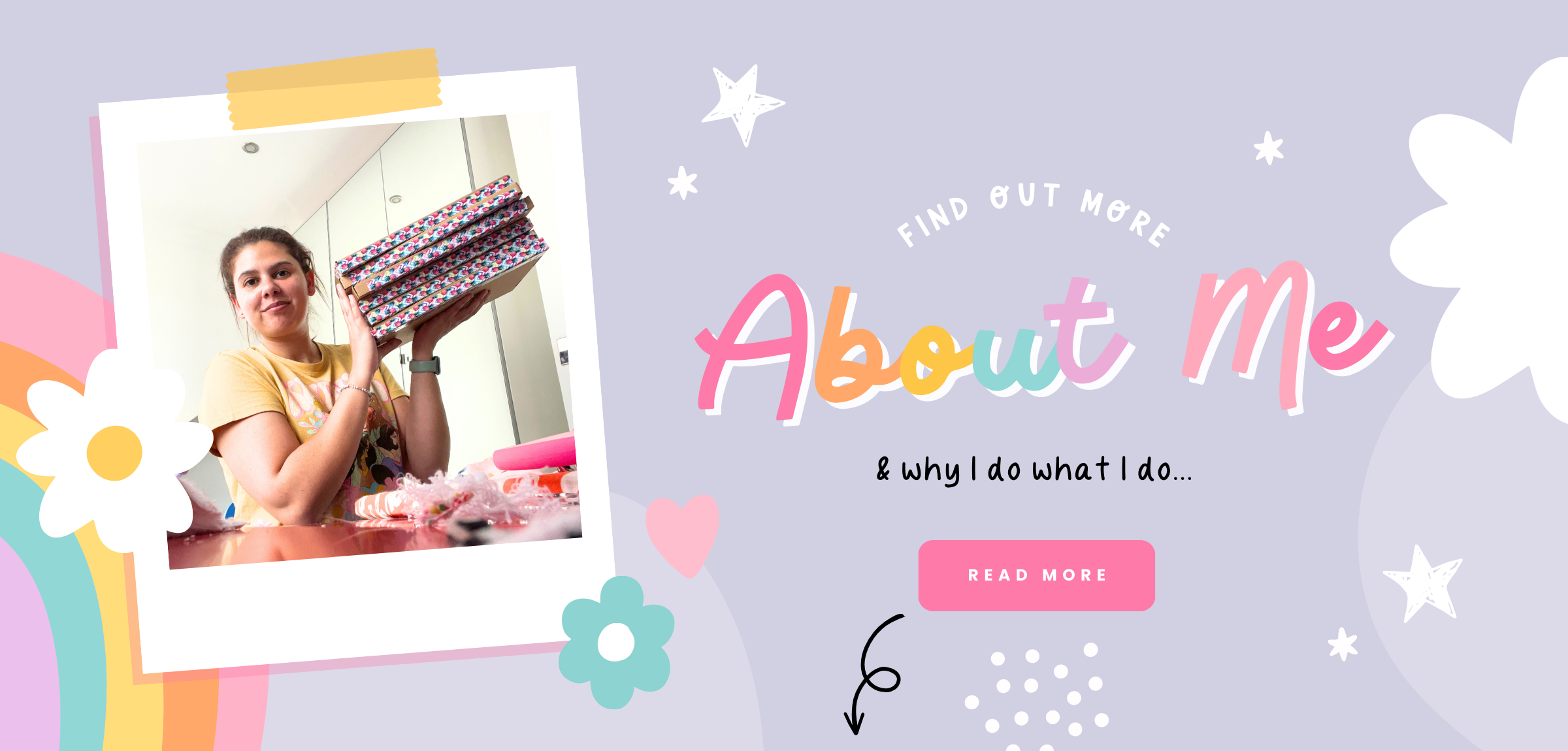 A photo of owner of Sew Much Love with the text 'find out more about me and why I do what I do'