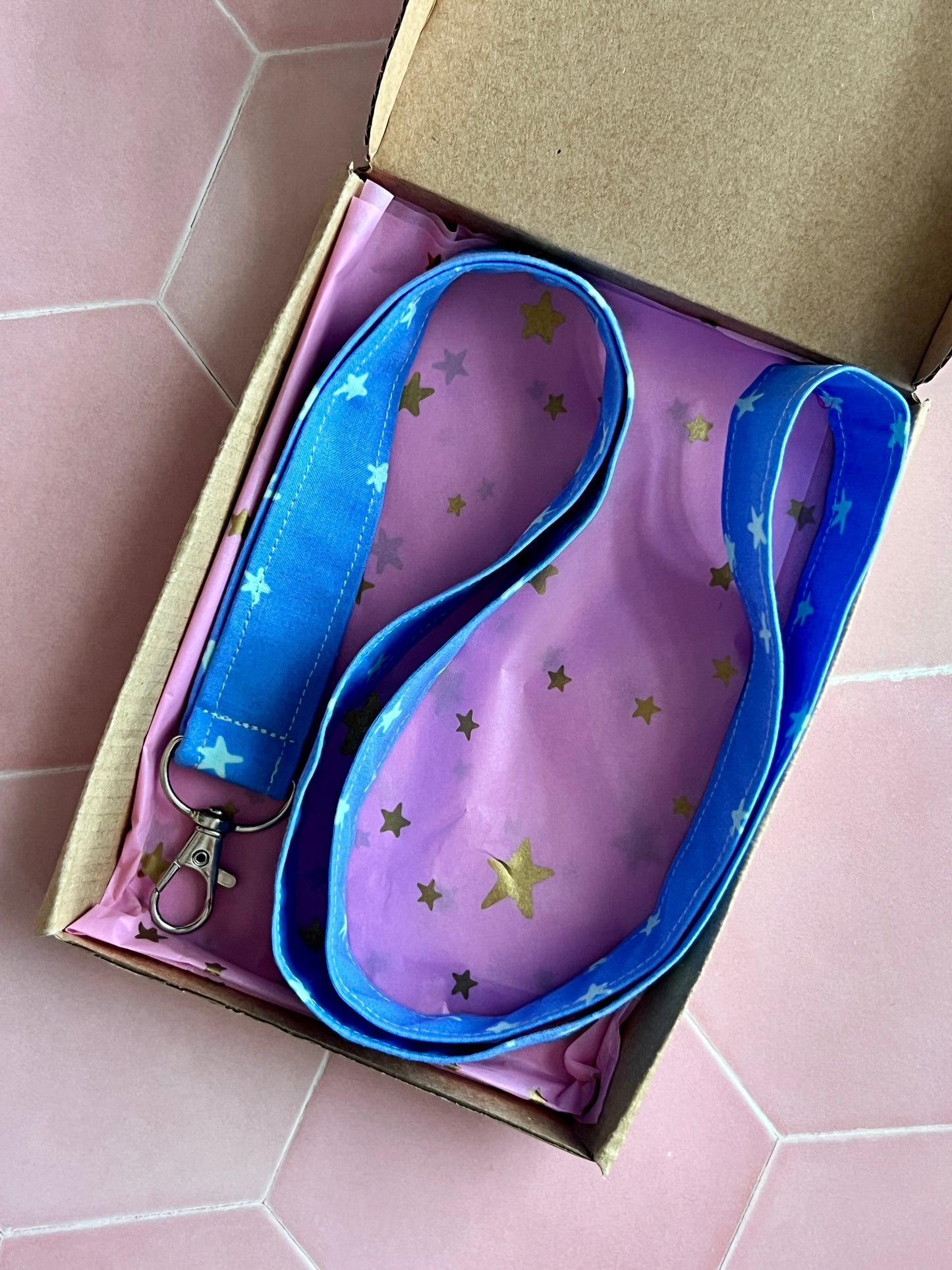 Gift-wrapped handmade blue and mint star lanyard with D-ring, ideal for teachers, students, and busy professionals