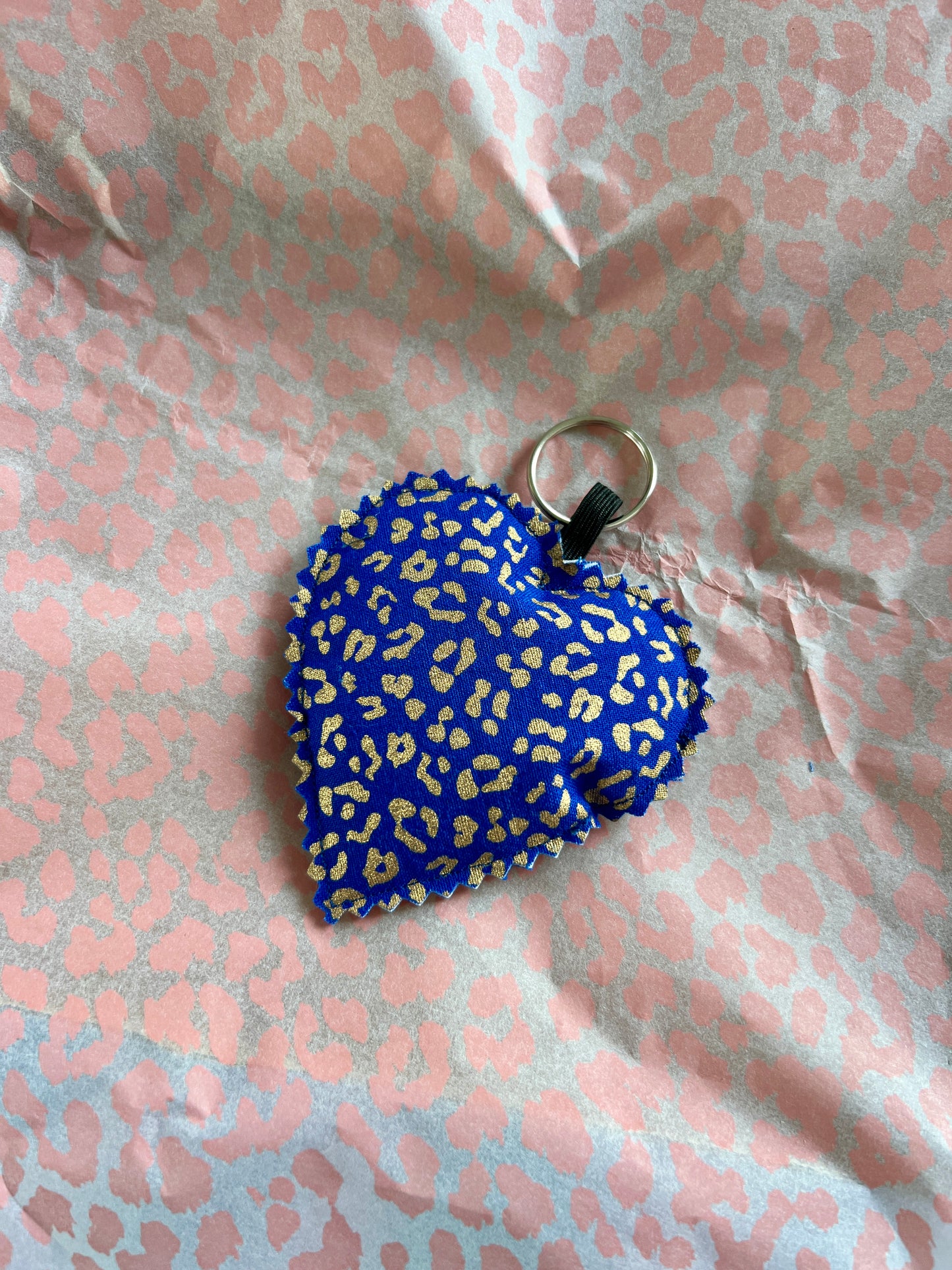 Blue and Gold Leopard Print Fabric Heart Keyring (Limited Edition)