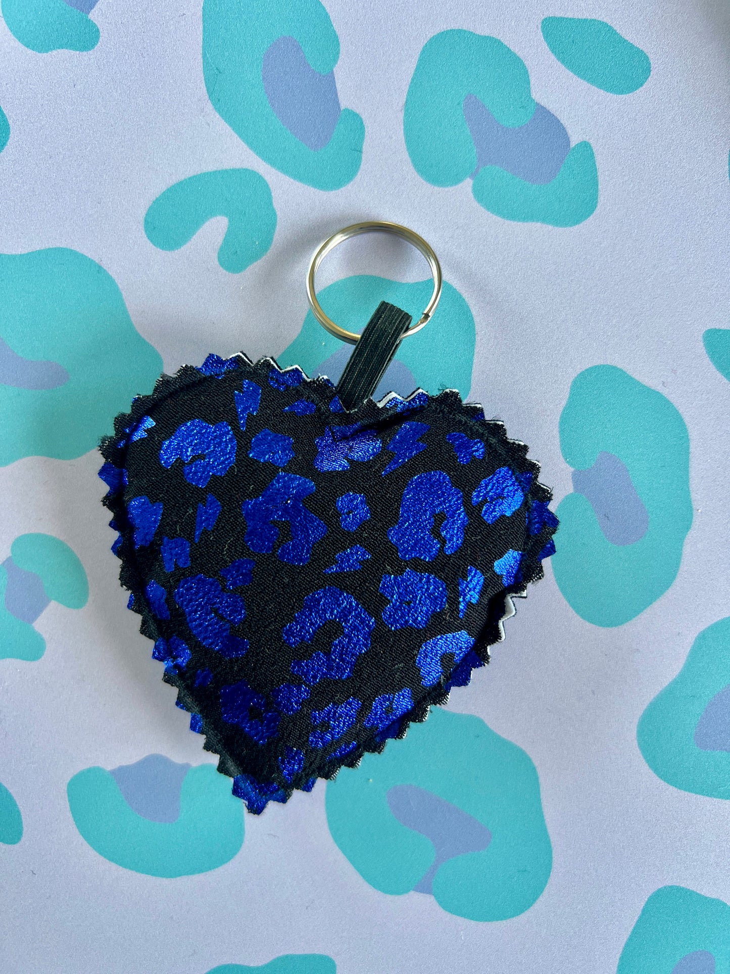 Black and Blue Metallic Leopard Print Fabric Heart Keyring (Limited Edition)
