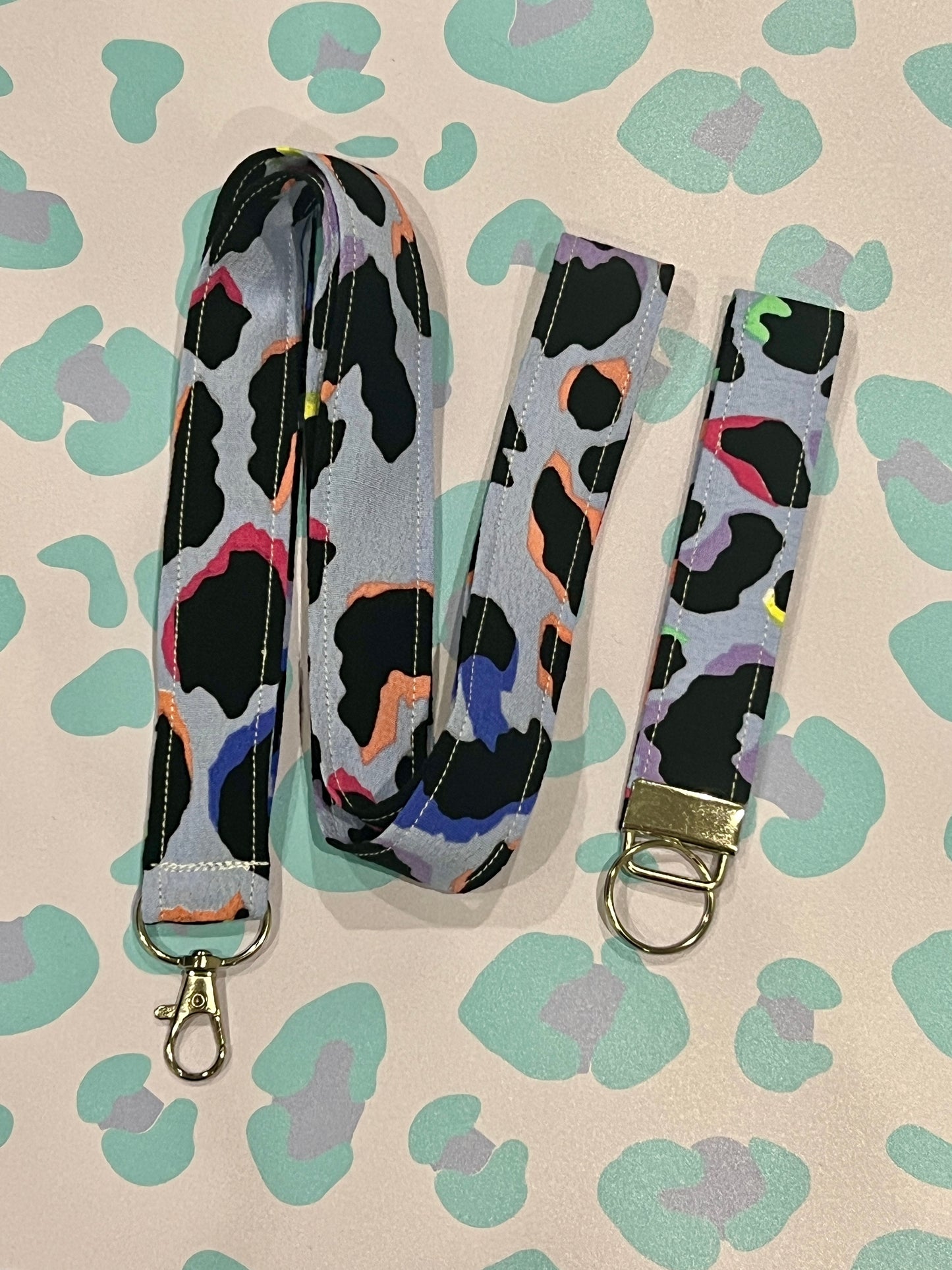 Light Blue Rainbow Leopard Print Wristlet Keychain and Lanyard Bundle