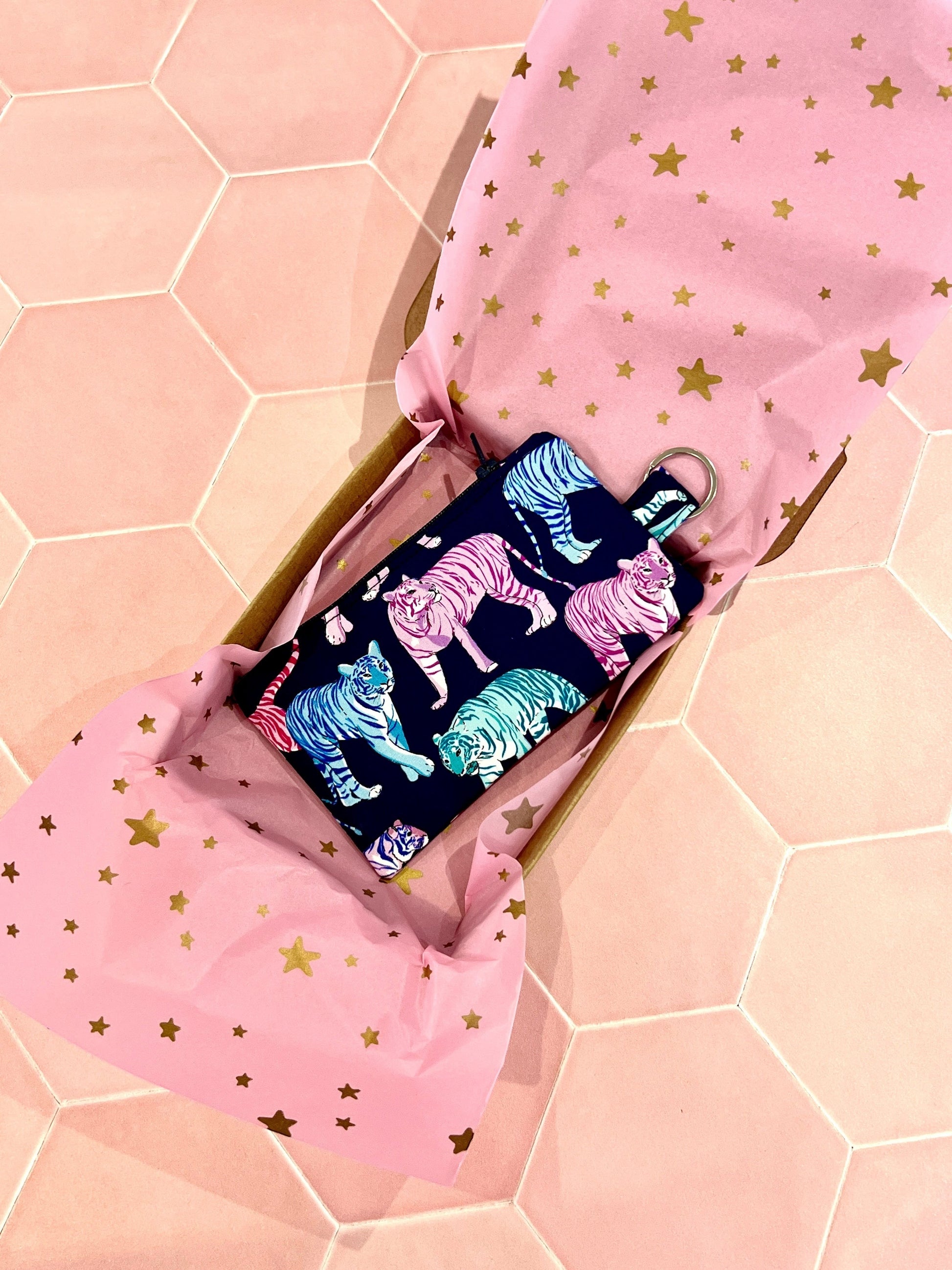 Sew Much Love Blazing Bengals coin purse with neon blue, pink, and teal tigers on dark background, keyring attachment.