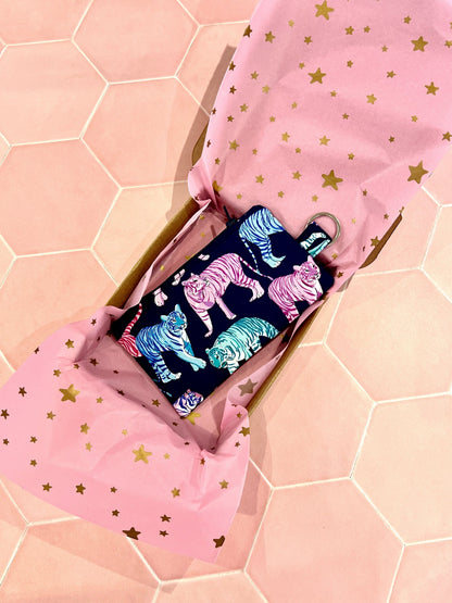 Sew Much Love Blazing Bengals coin purse with neon blue, pink, and teal tigers on dark background, keyring attachment.