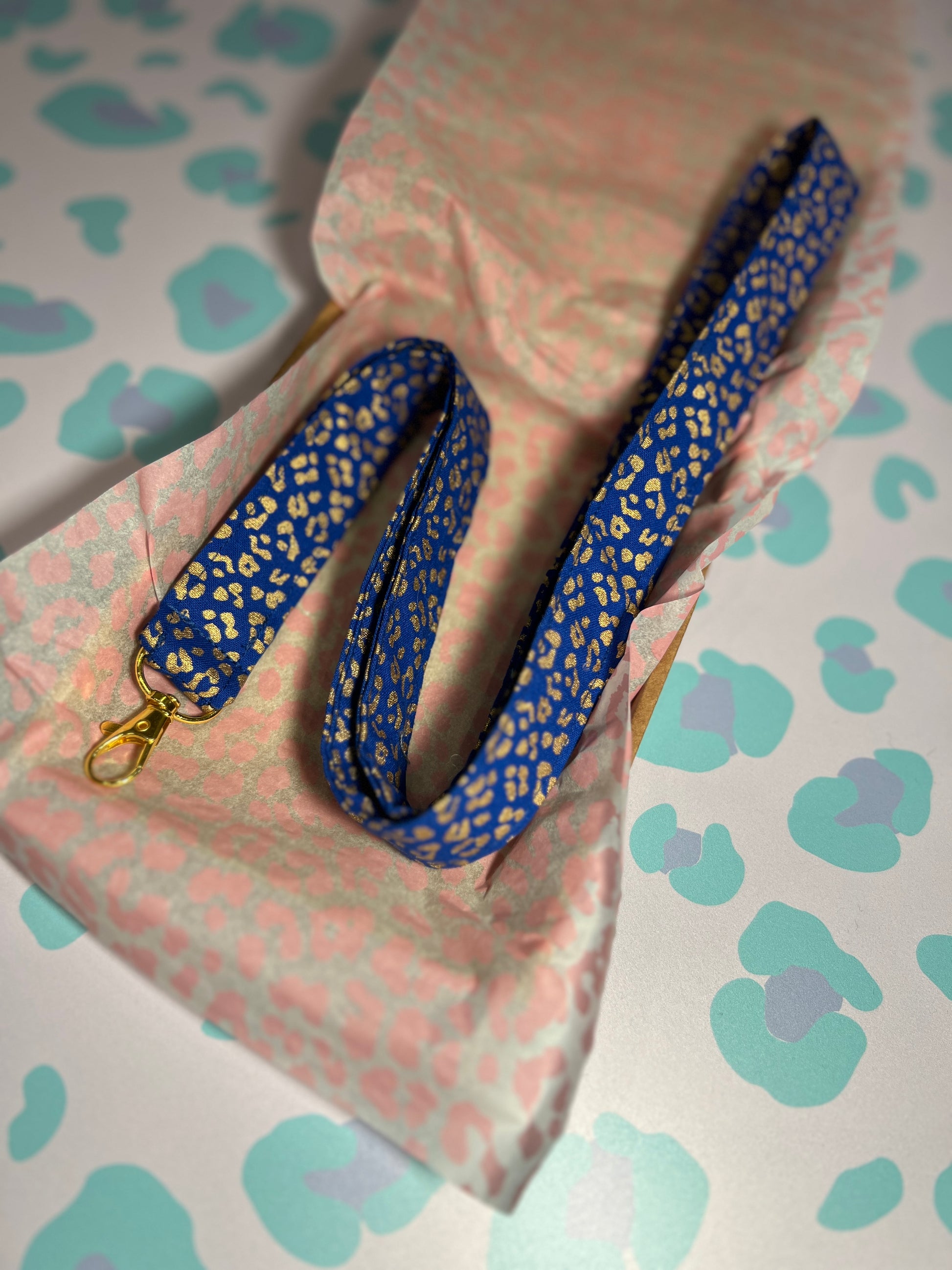 Blue and Gold Leopard Print Lanyard