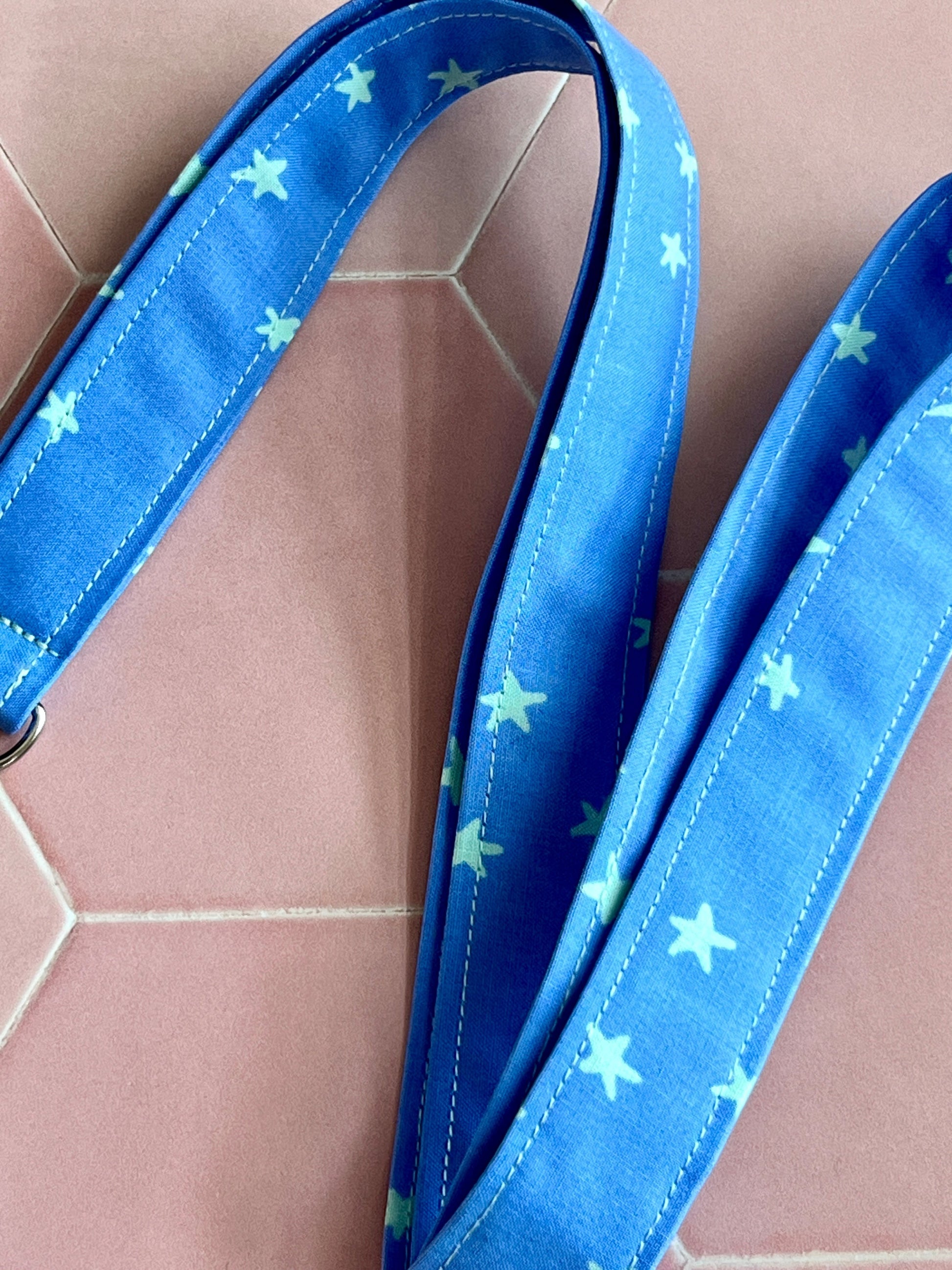 Sew Much Love blue fabric lanyard with mint green stars and D-ring. Handmade for keys and ID badges.