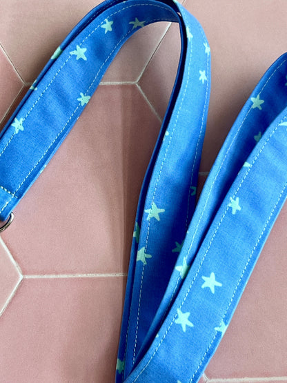 Sew Much Love blue fabric lanyard with mint green stars and D-ring. Handmade for keys and ID badges.