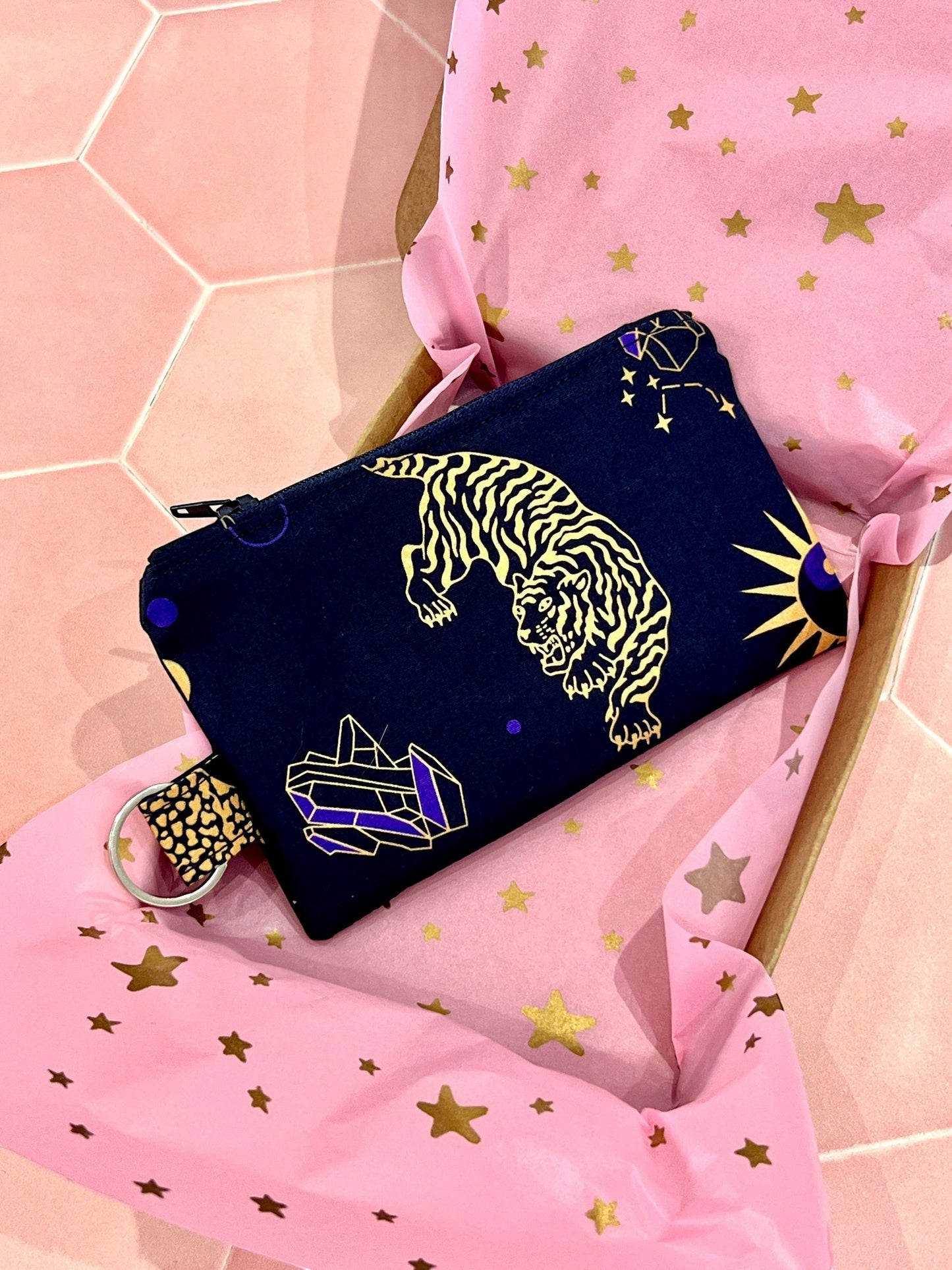 Sew Much Love Celestial Cats coin purse with gold tiger, crystals, and constellations on navy fabric.