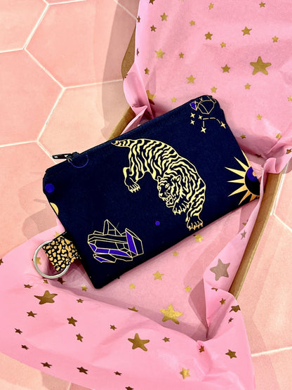 Sew Much Love Celestial Cats coin purse with gold tiger, crystals, and constellations on navy fabric.