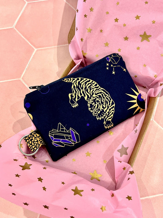 Sew Much Love Celestial Cats coin purse with gold tiger, crystals, and constellations on navy fabric.