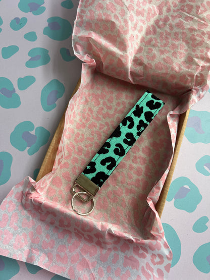 Green Floral Leopard Print Wristlet Keychain