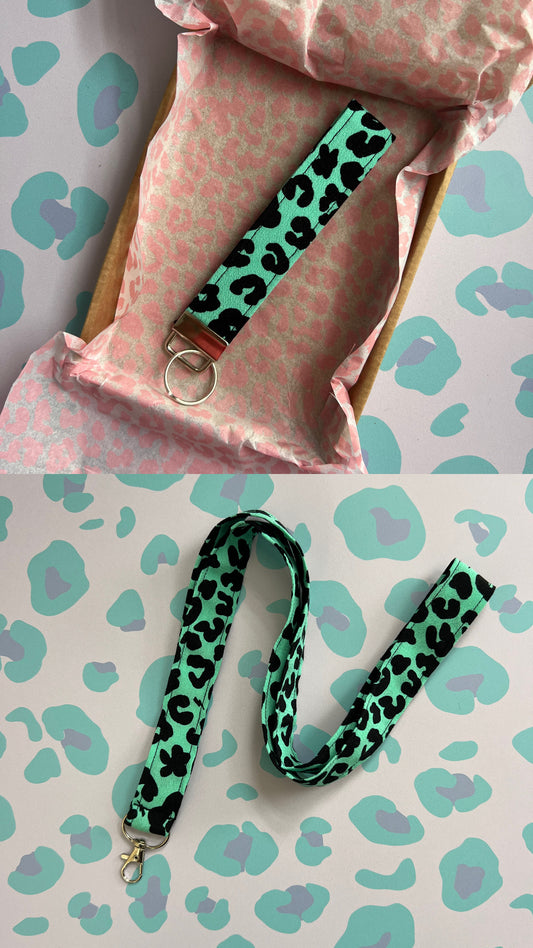 Green Floral Leopard Print Wristlet and Lanyard Bundle