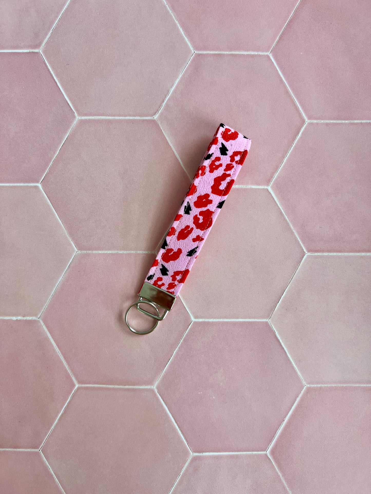 Pink and Red Leopard Print Wristlet Keychain