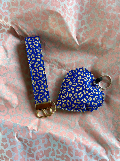 Blue and Gold Leopard Print- Keys & Wristlet Set