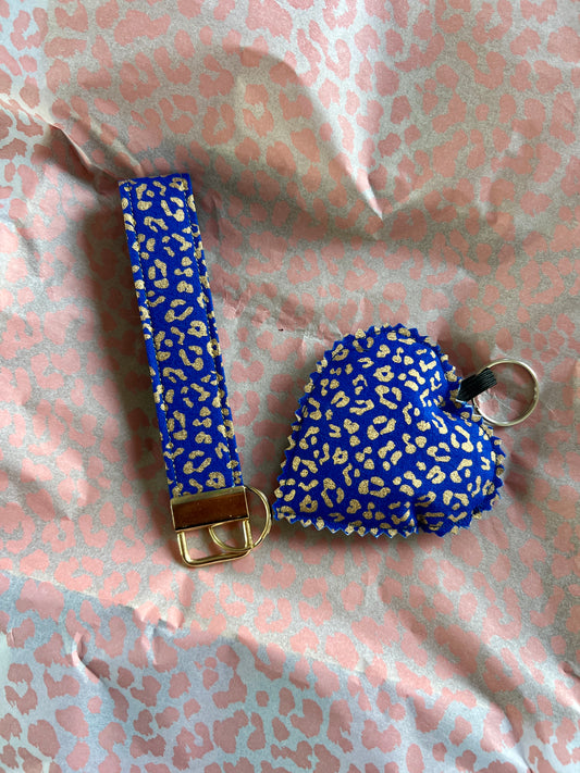 Blue and Gold Leopard Print- Keys & Wristlet Set