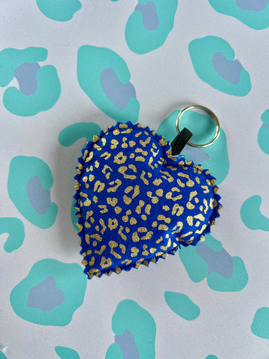 Blue and Gold Leopard Print Fabric Heart Keyring (Limited Edition)