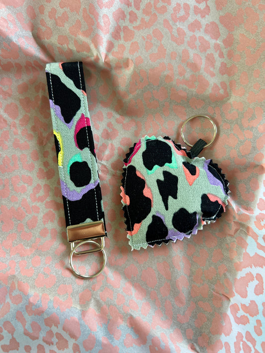 Khaki Rainbow Leopard Print- Keys and Wristlet Set