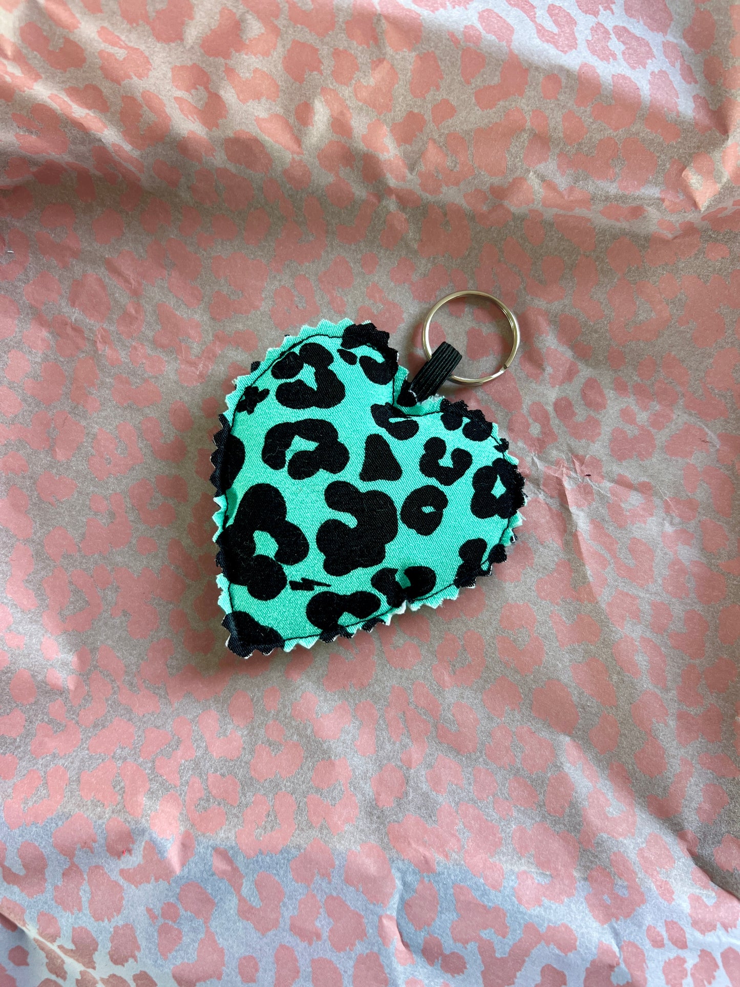 Green Floral Leopard Print Fabric Heart Keyring (Limited Edition)