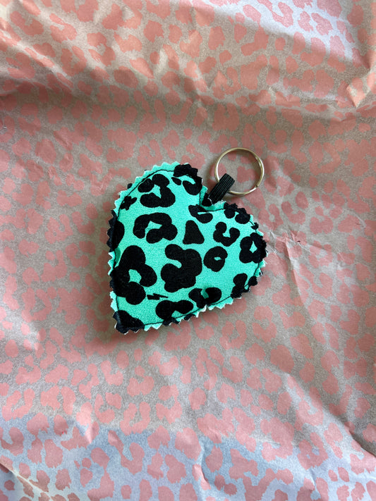 Green Floral Leopard Print Fabric Heart Keyring (Limited Edition)