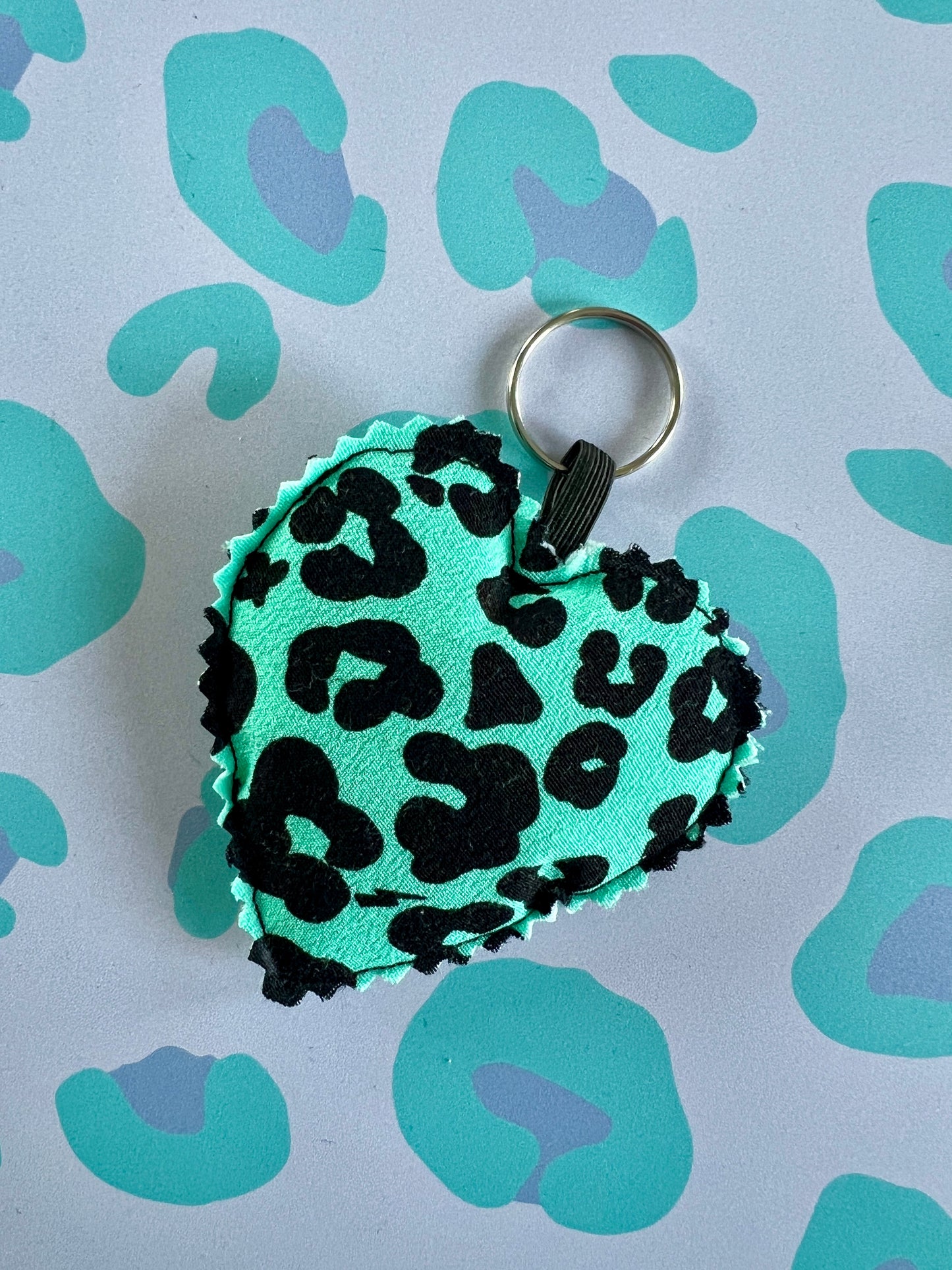 Green Floral Leopard Print Fabric Heart Keyring (Limited Edition)