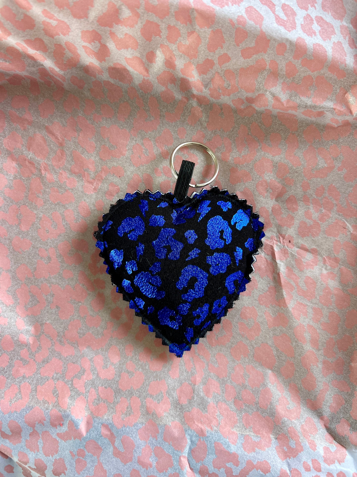 Black and Blue Metallic Leopard Print Fabric Heart Keyring (Limited Edition)