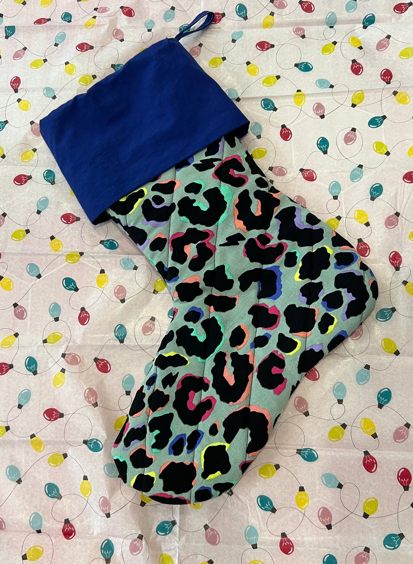 Khaki Rainbow Leopard Print Quilted Christmas Stocking Sample