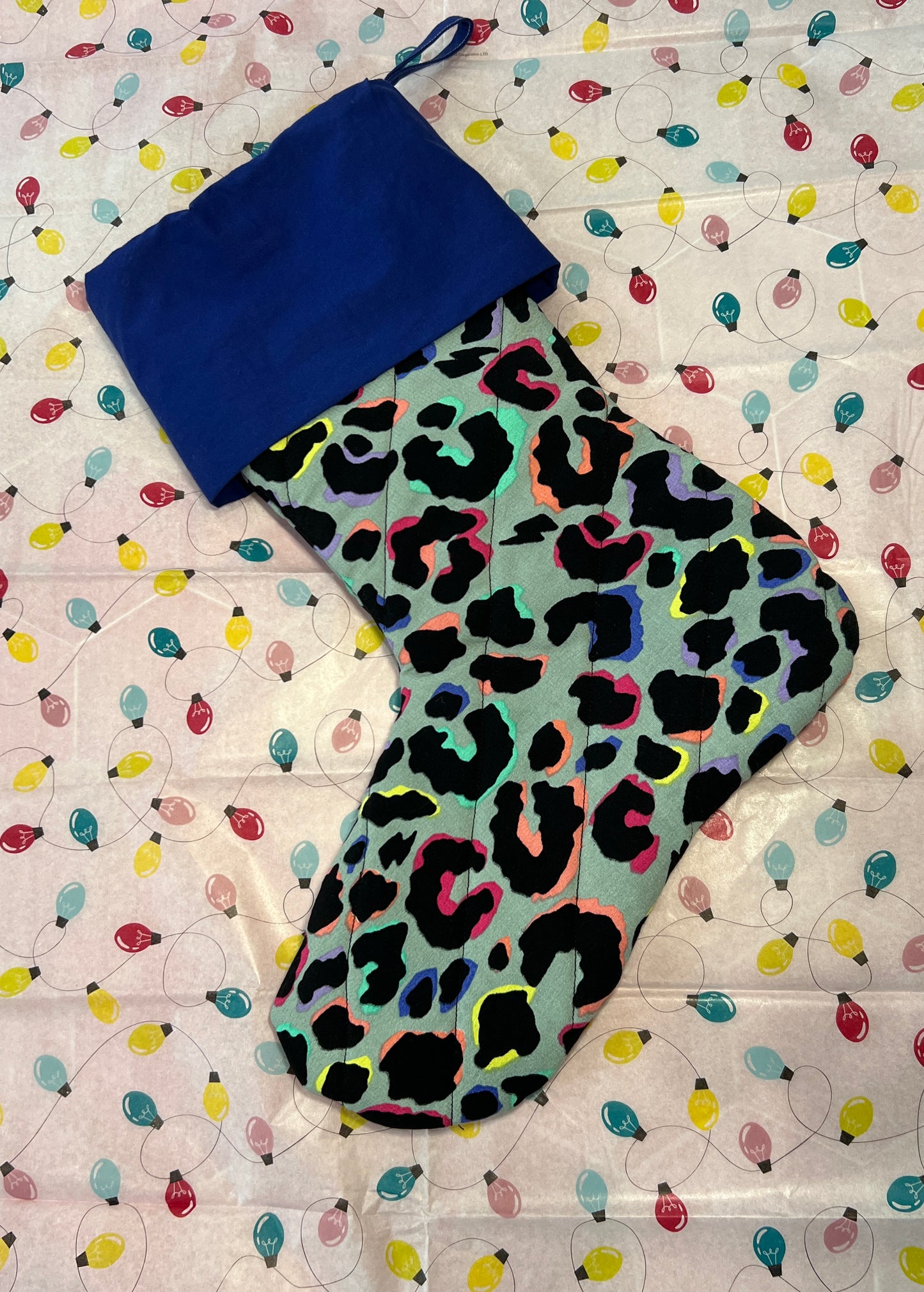 Khaki Rainbow Leopard Print Quilted Christmas Stocking Sample