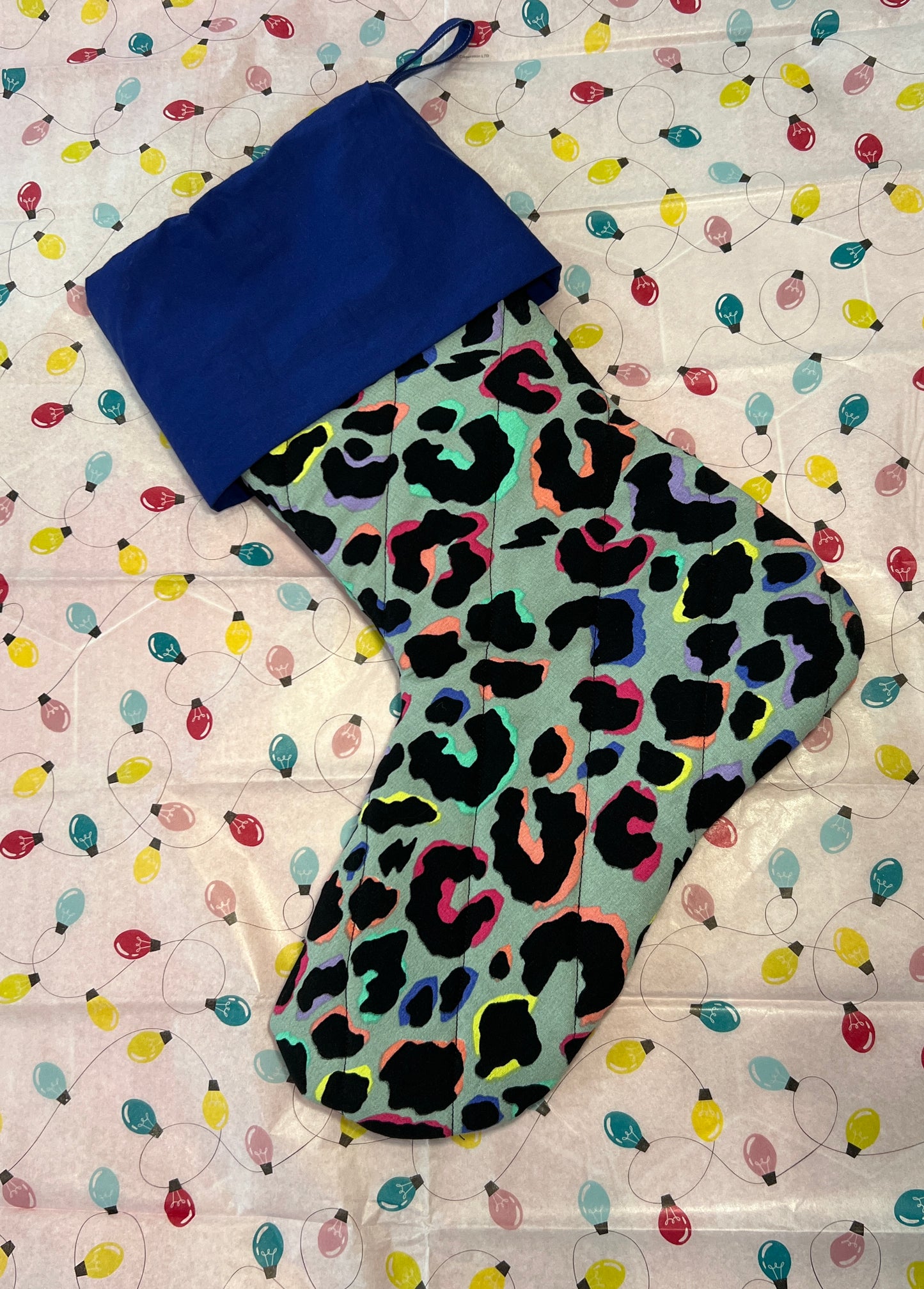 Khaki Rainbow Leopard Print Quilted Christmas Stocking Sample