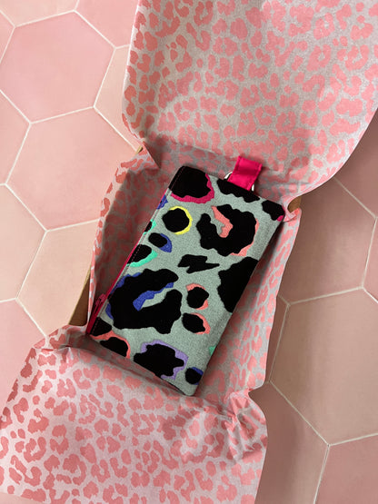 Khaki Rainbow Leopard Print Coin Purse in Sew Much Love packaging