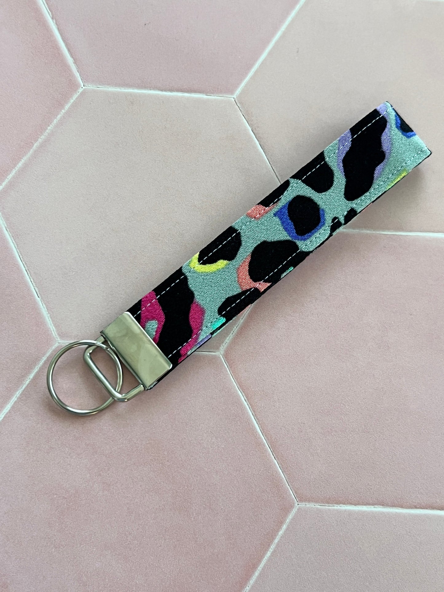Sew Much Love khaki rainbow leopard print cotton wristlet keychain with silver hardware.