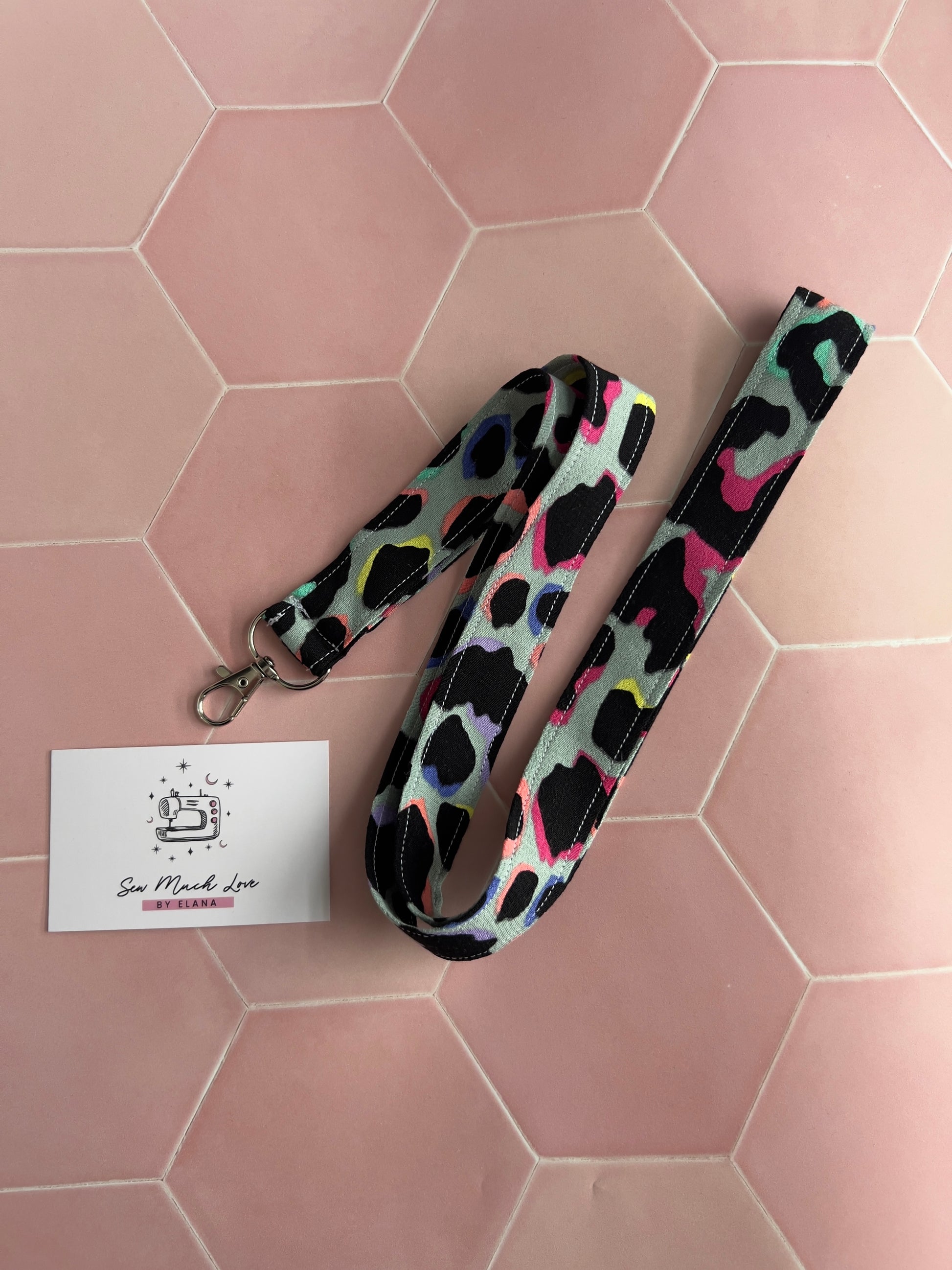 Khaki Rainbow Leopard Print Lanyard with Sew Much Love business card