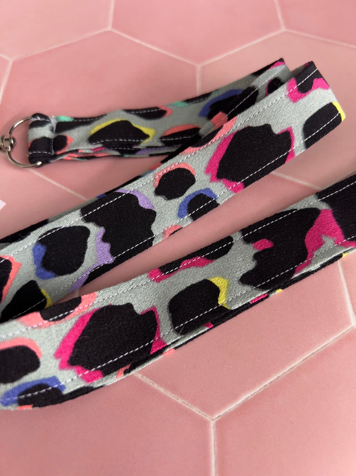 Khaki Rainbow Leopard Print Lanyard up close