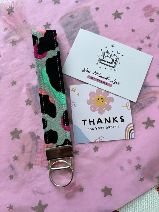 Khaki Rainbow Leopard Print Wristlet Keychain in Sew Much Love packaging