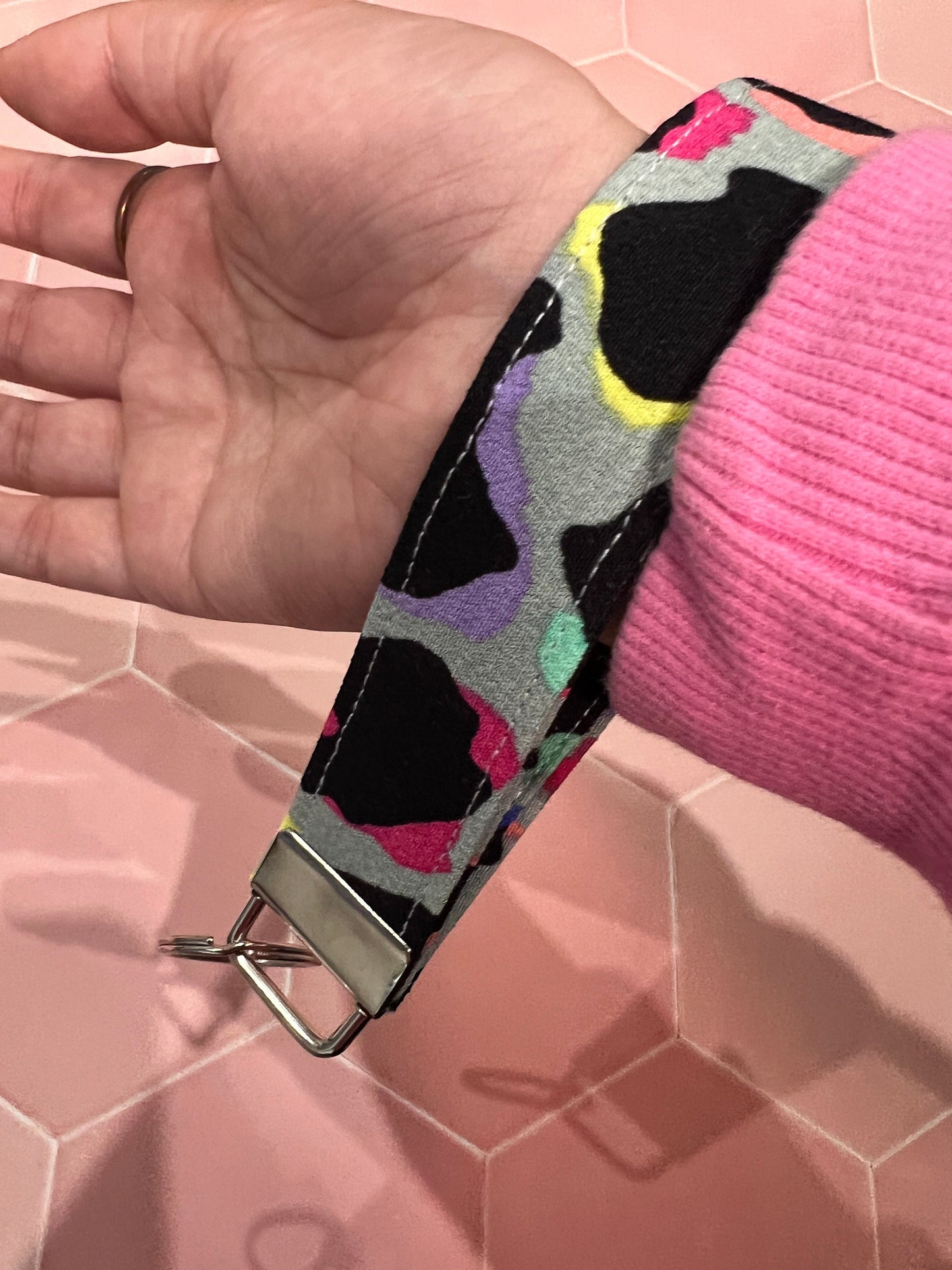 Sew Much Love khaki rainbow leopard print cotton wristlet keychain with silver hardware.