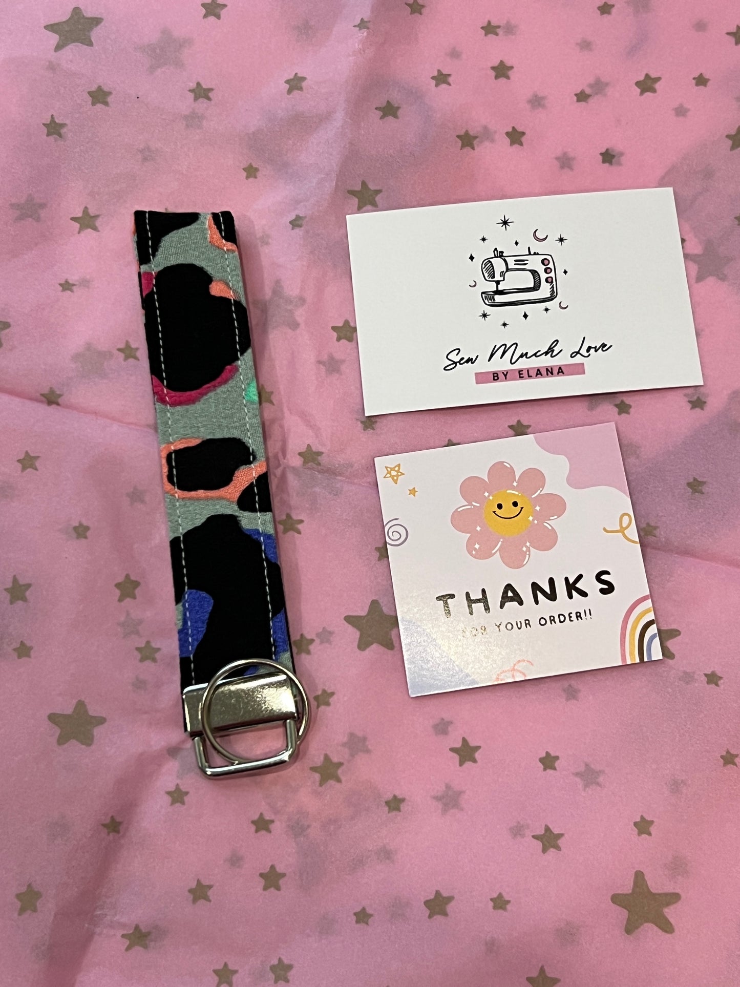 Khaki Rainbow Leopard Print Wristlet Keychain packaged up order