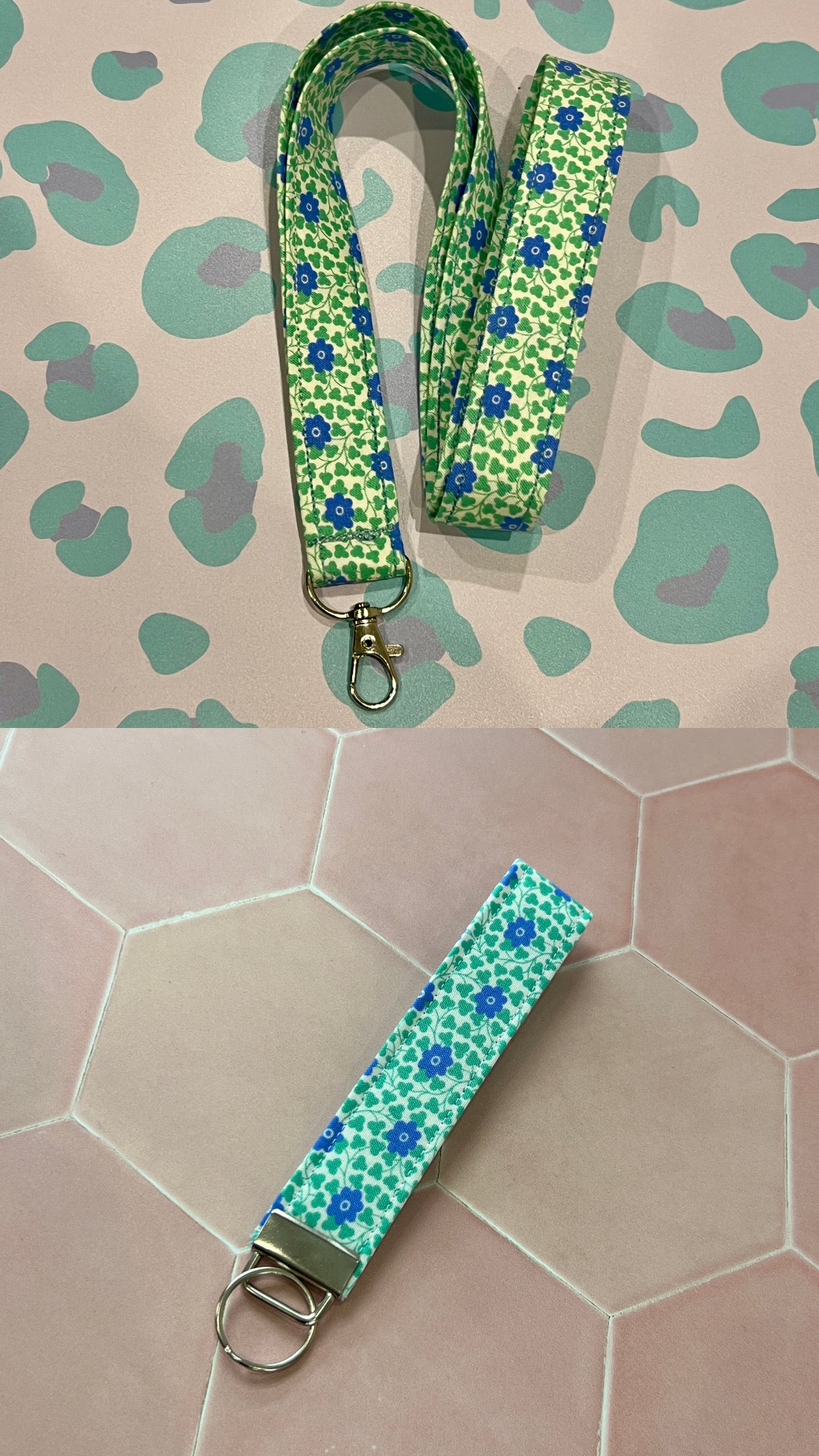 Green floral lanyard and keychain on a patterned surface