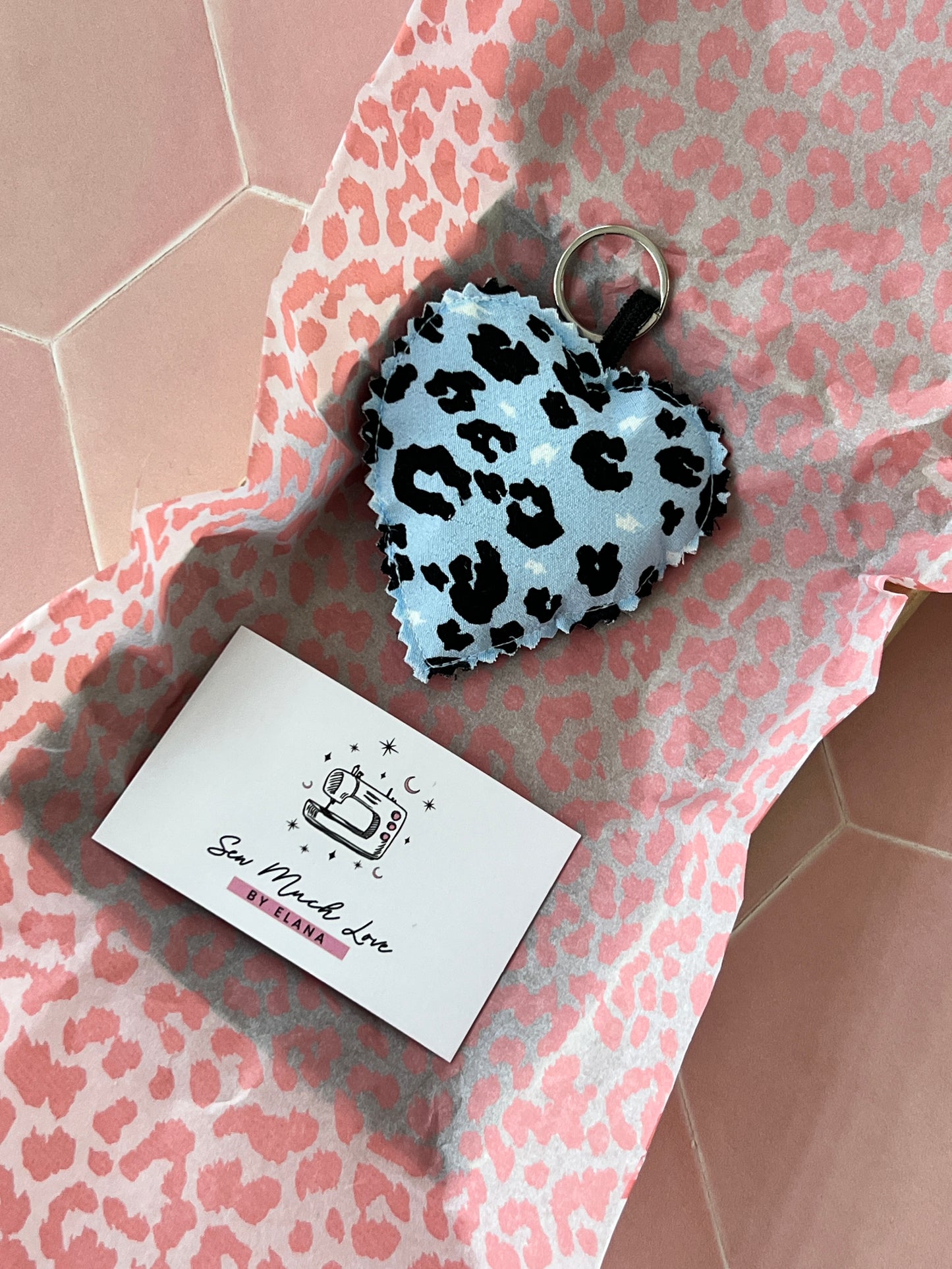 Light Blue Leopard Print Fabric Heart Keyring in Sew Much Love packaging