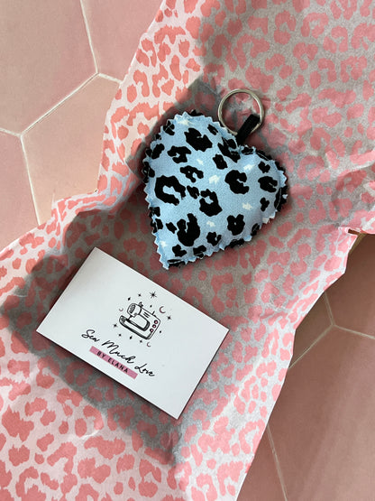 Light Blue Leopard Print Fabric Heart Keyring in Sew Much Love packaging