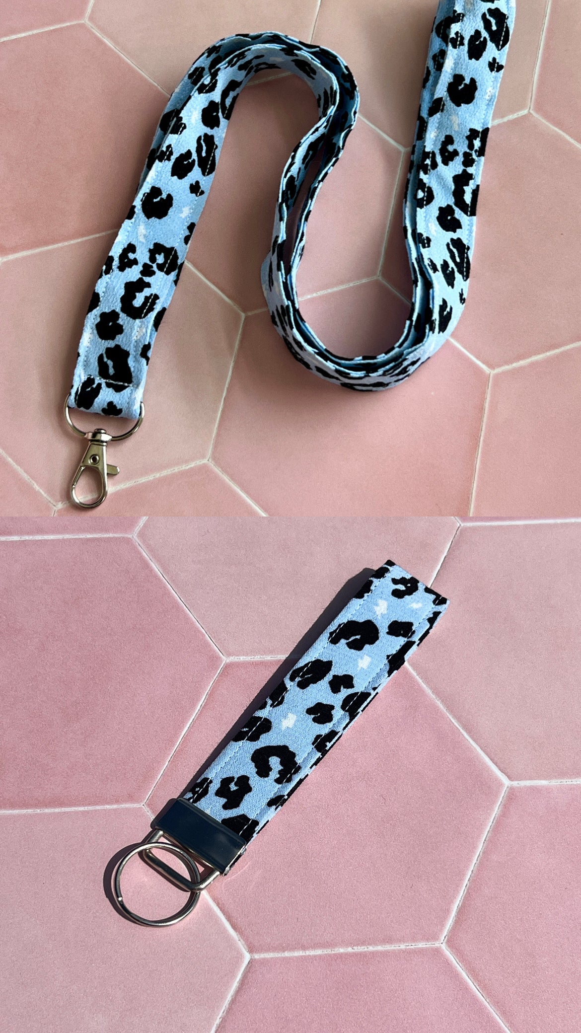 Light Blue Leopard Print Lanyard and Wristlet Keychain Bundle