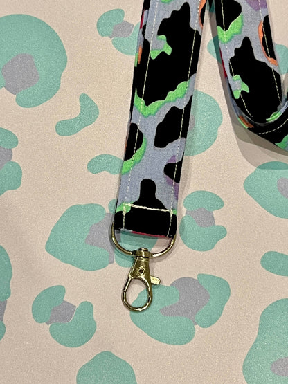 Sew Much Love light blue lanyard with rainbow leopard print and silver clasp. Soft eco viscose.