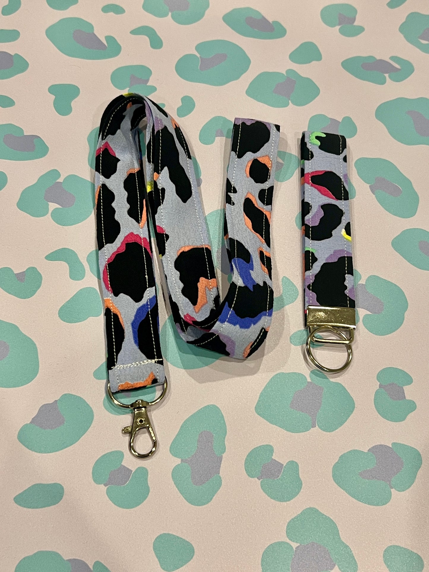Light Blue Rainbow Leopard Print Wristlet Keychain and Lanyard Bundle