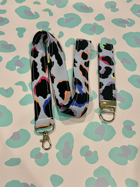 Light Blue Rainbow Leopard Print Wristlet Keychain and Lanyard Bundle