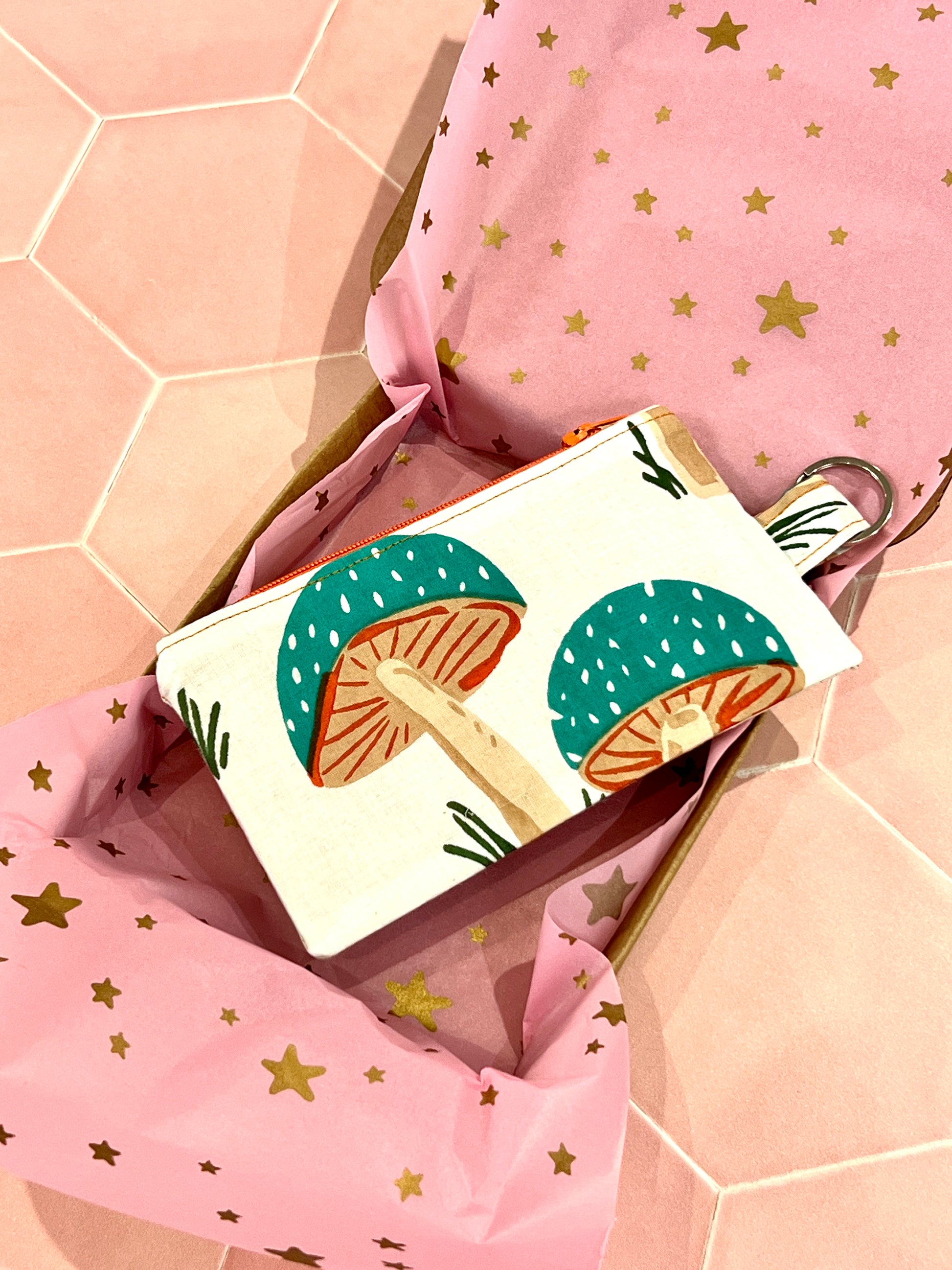 Light Teal Mushroom Block Print Coin Purse