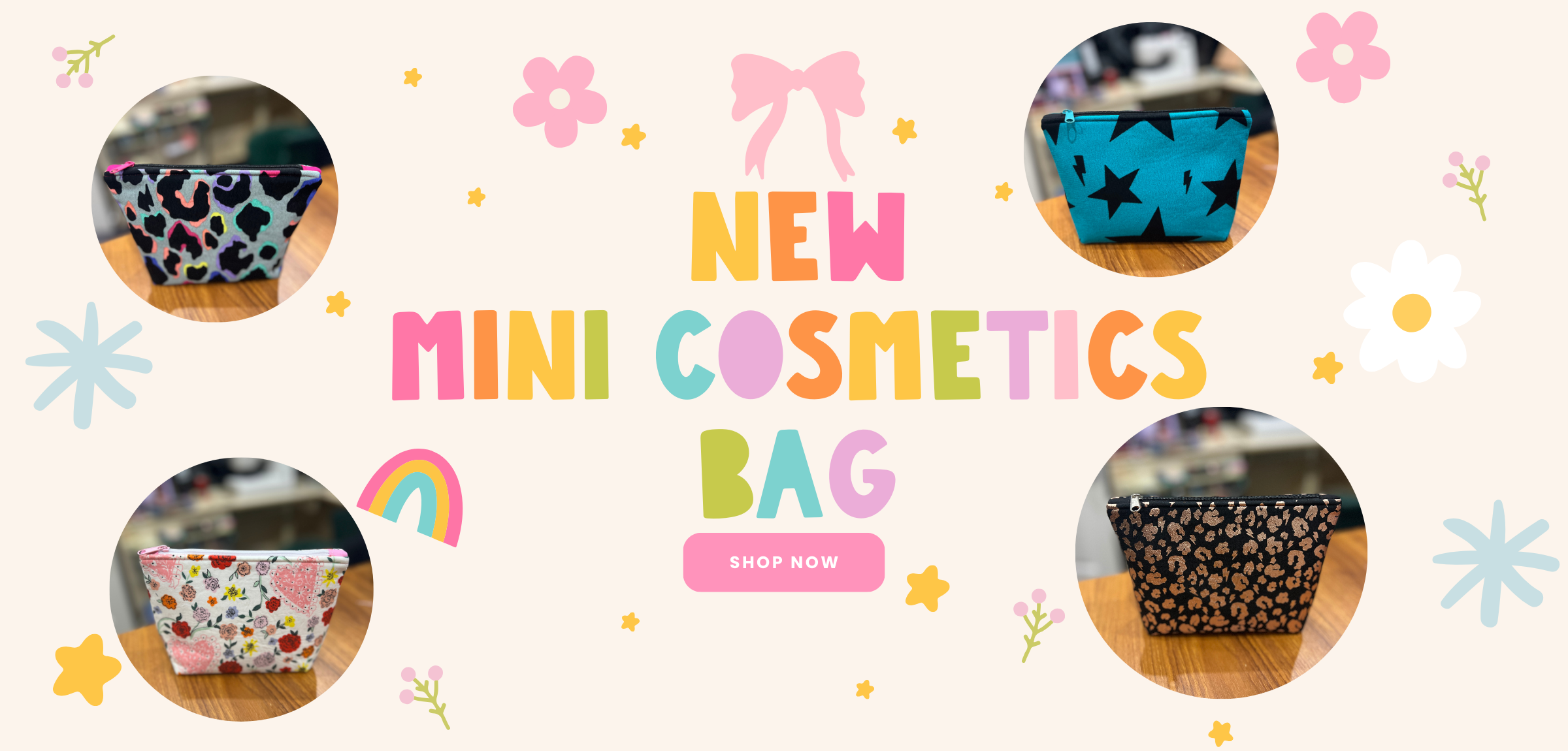 Promotional banner for new mini cosmetics bags with colorful text and decorative elements.
