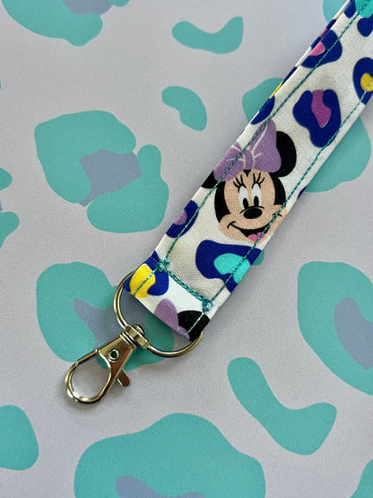 Sew Much Love Minnie leopard print cotton lanyard with purple bow and swivel clasp.