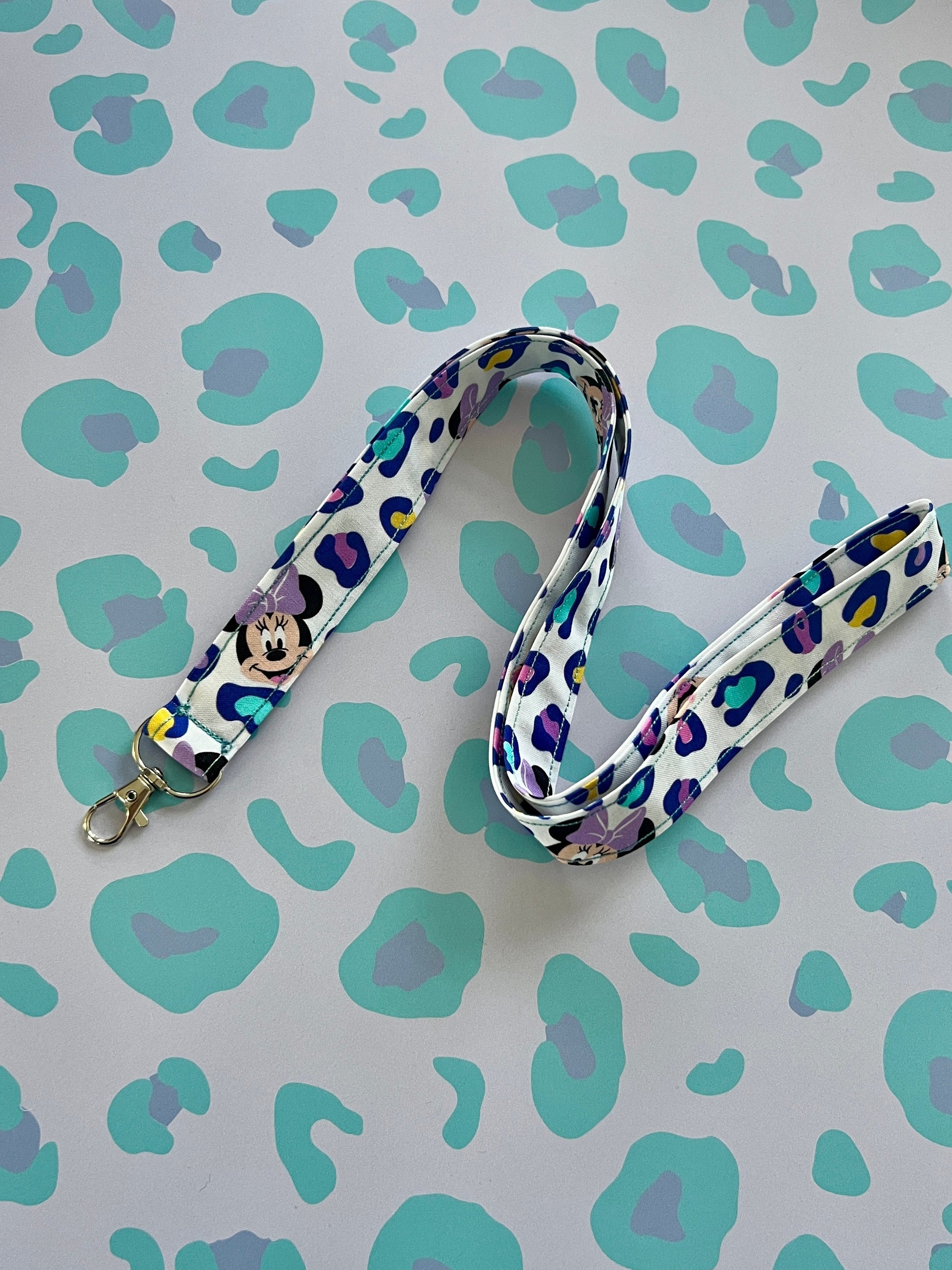 Sew Much Love Minnie leopard print cotton lanyard with pastel spots and a swivel clasp.