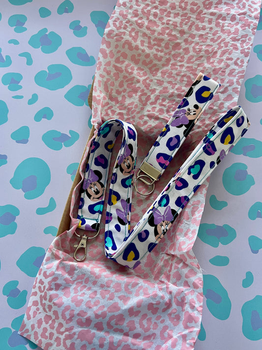 Minnie Leopard Print Lanyard and Wristlet Keychain Bundle