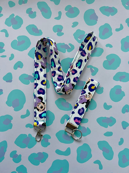 Minnie Leopard Print Lanyard and Wristlet Keychain Bundle