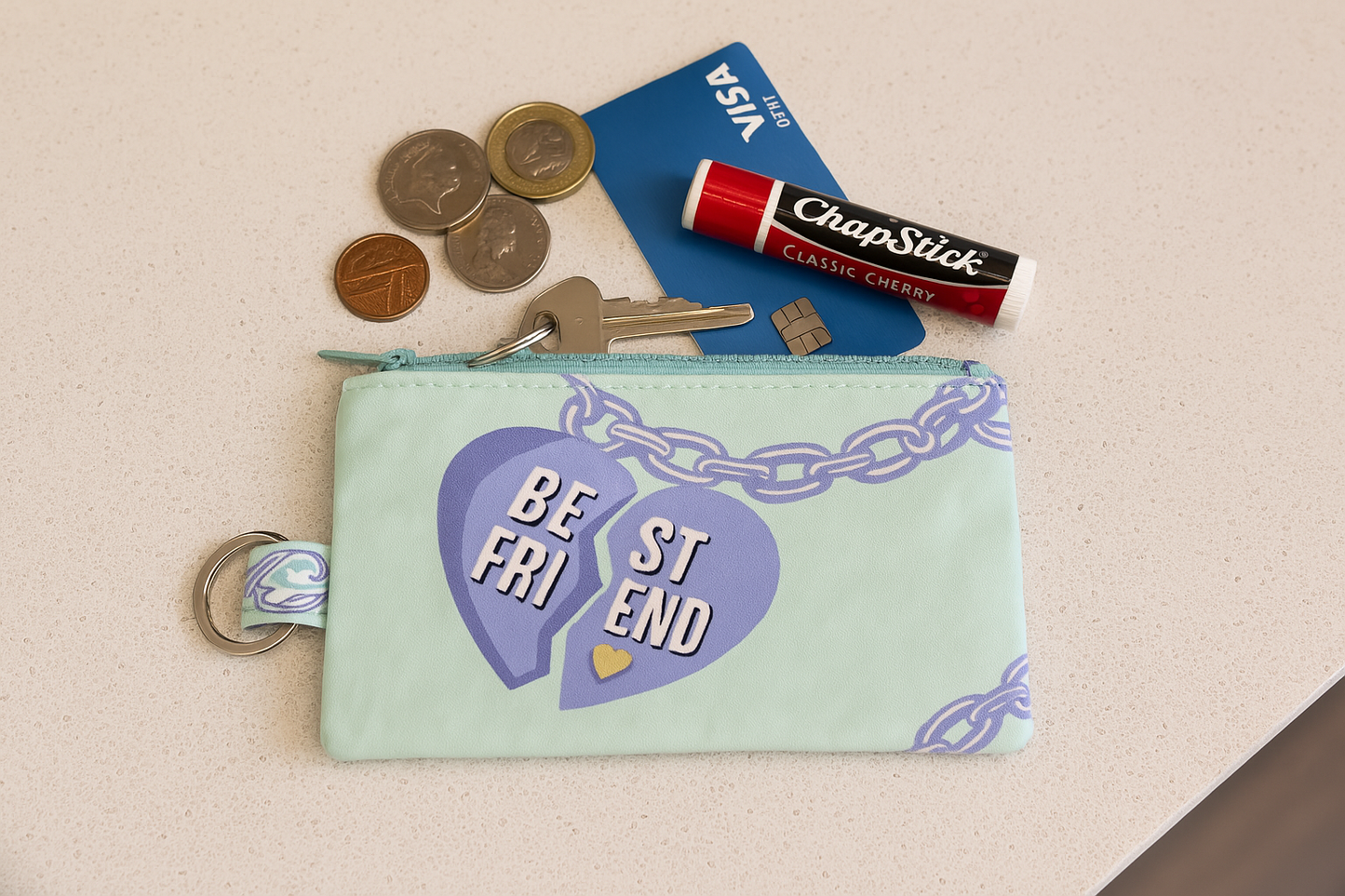 Mint Besties Coin Purse with chapstick, keys and money
