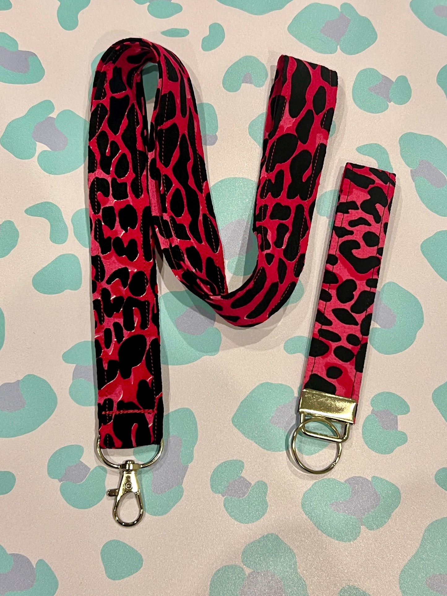 Pink with Black Wild Leopard Print Wristlet Keychain and Lanyard Bundle
