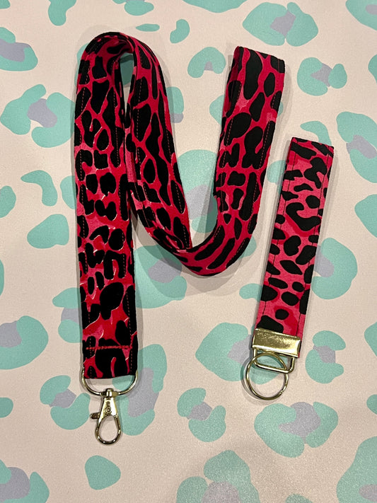 Pink with Black Wild Leopard Print Wristlet Keychain and Lanyard Bundle